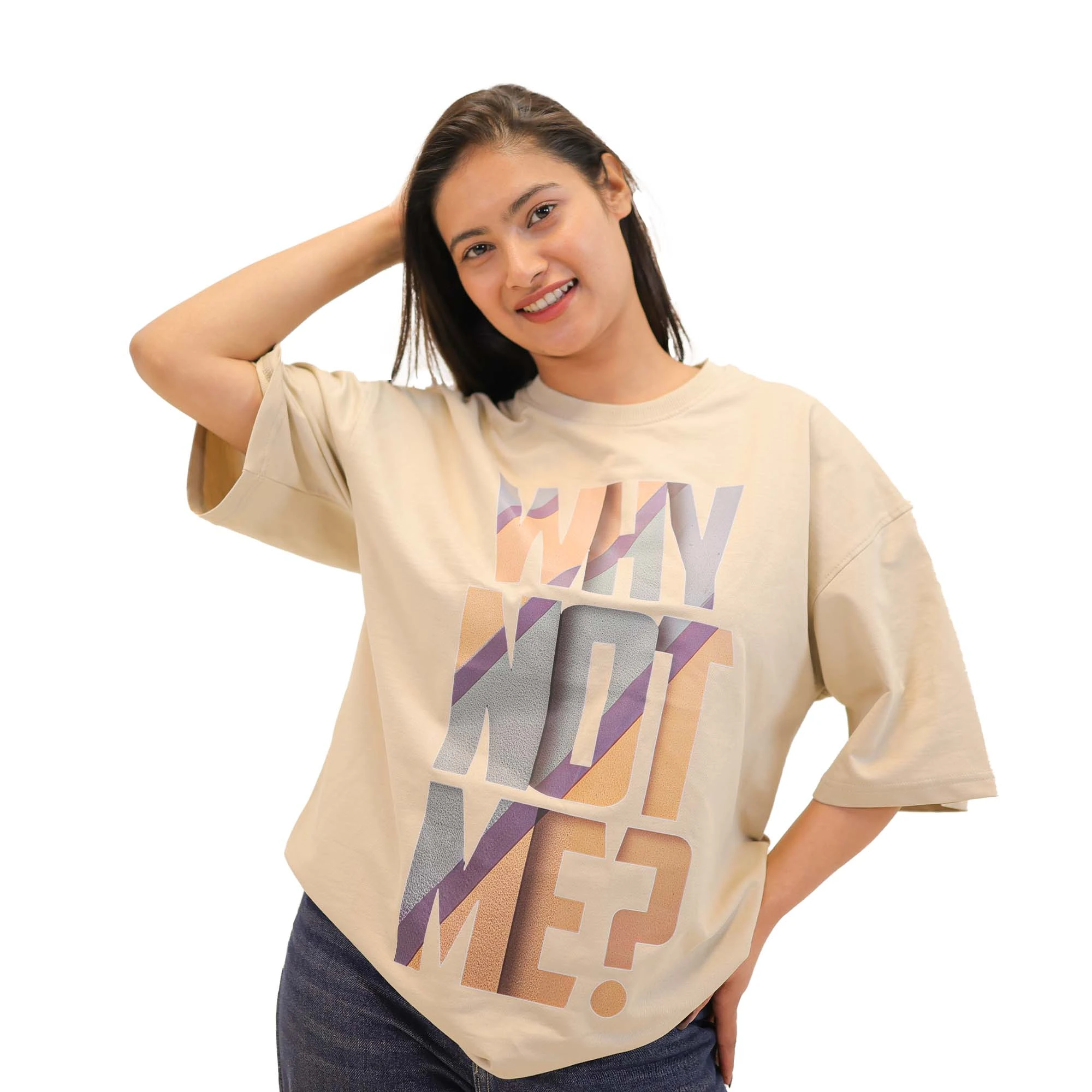 Women’s Beige “Why Not Me?” Graphic Oversized T-Shirt – Premium Cotton Casual Streetwear Tee